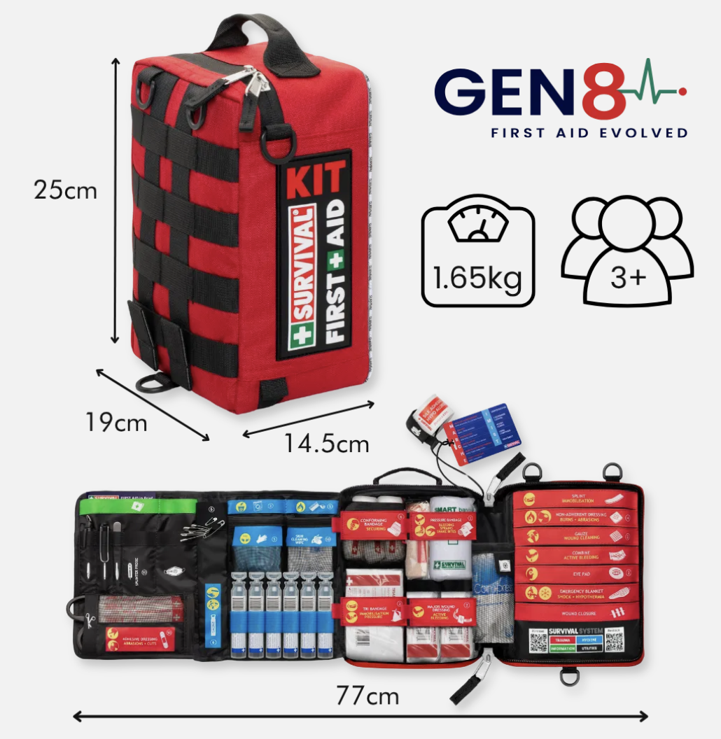 SURVIVAL First Aid KIT Large dimensions — 25cm x 19cm x 14.5cm, opens to 77cm