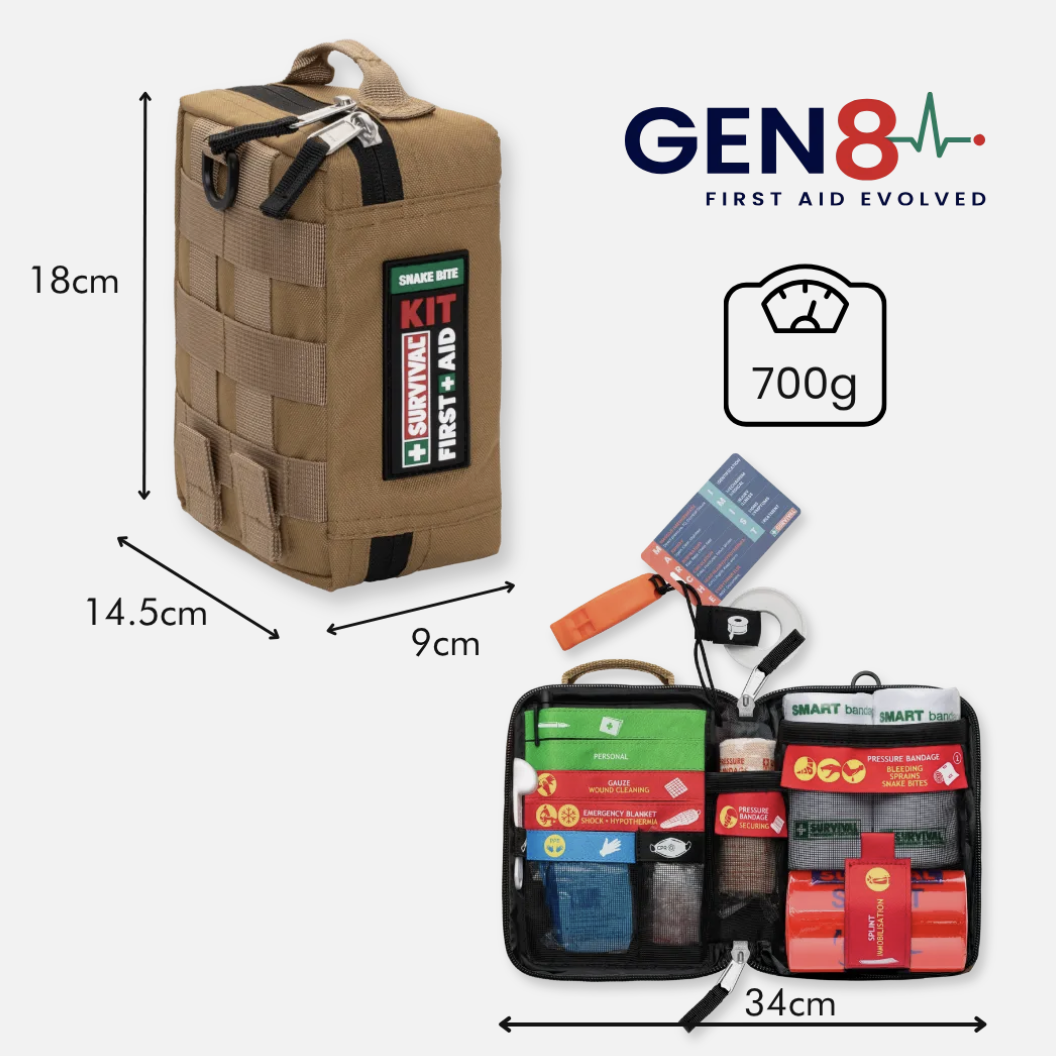 SURVIVAL Snake Bite Kit dimensions — 18cm x 14.5cm x 9cm, opens to 34cm