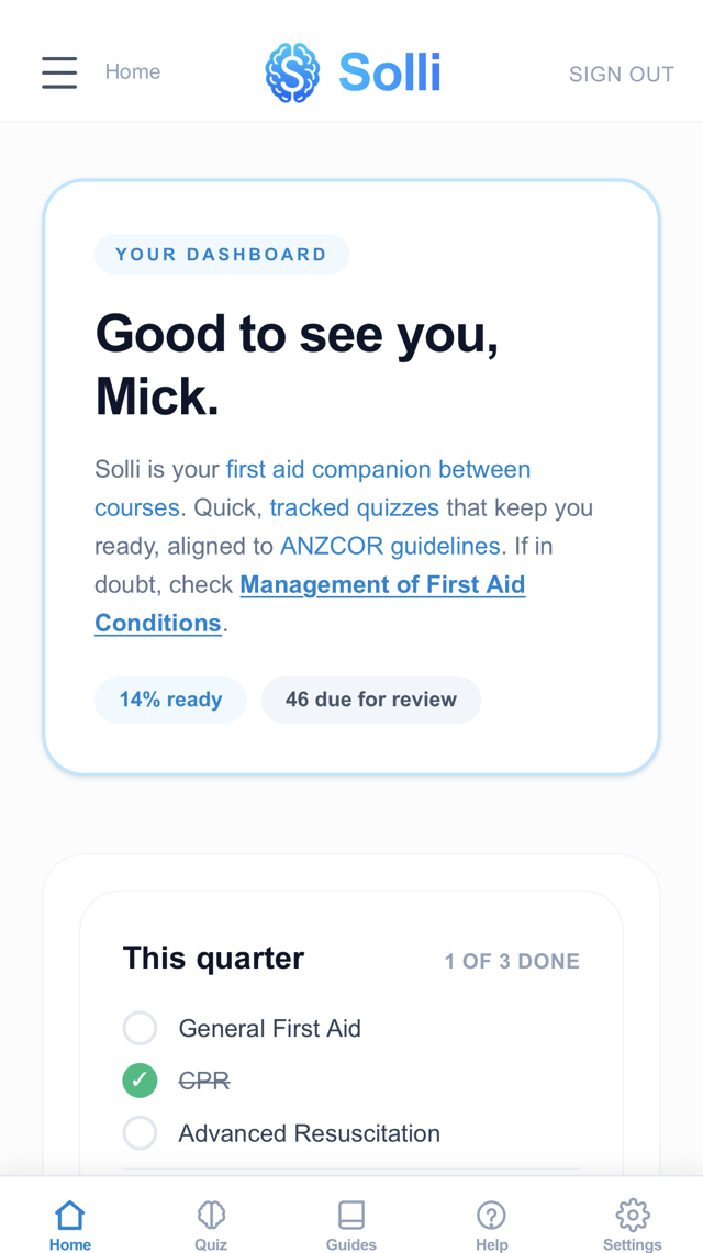Solli dashboard showing readiness and quarterly quizzes