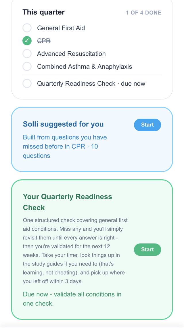 Quarterly quiz list with readiness check