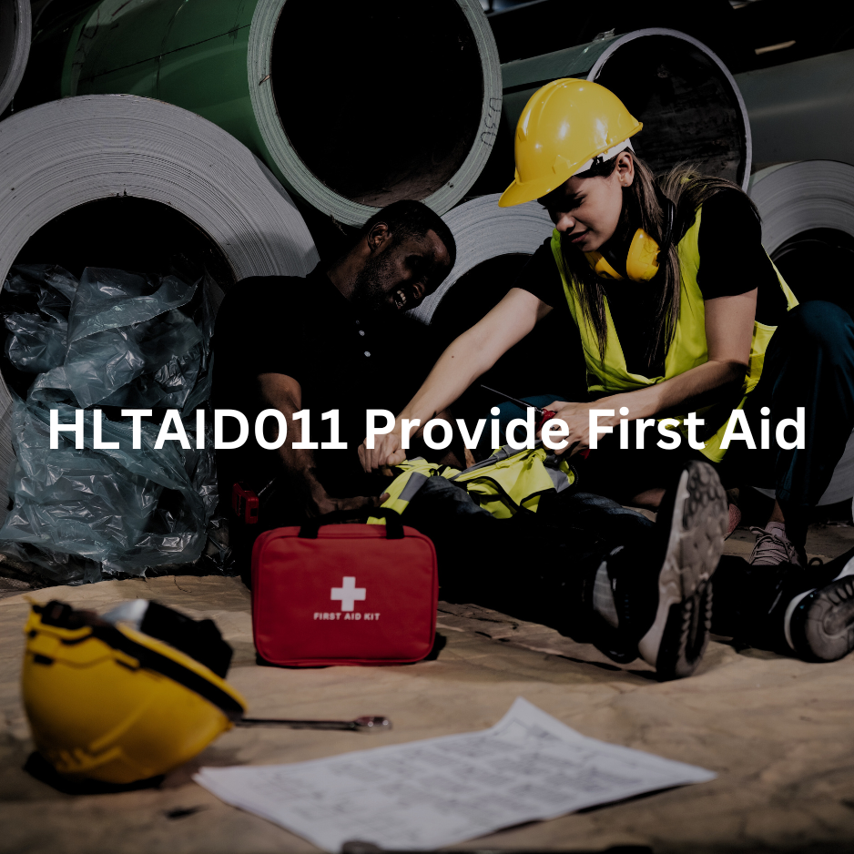 HLTAID011 Provide First Aid course image showing a first aid kit and workers in a practical session.