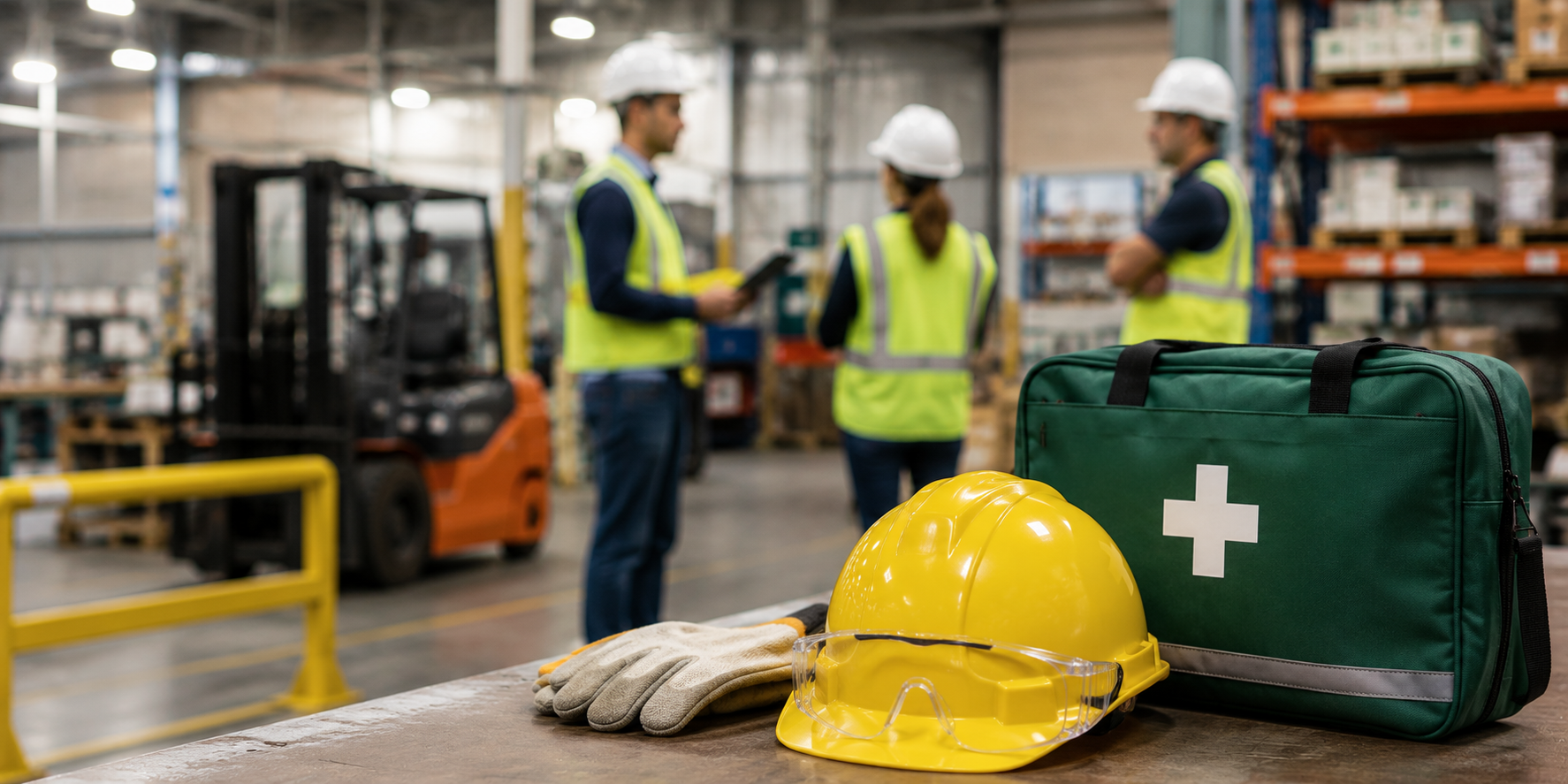 First aid kit and personal protective equipment in an Australian workplace, representing workplace first aid requirements for NSW employers.